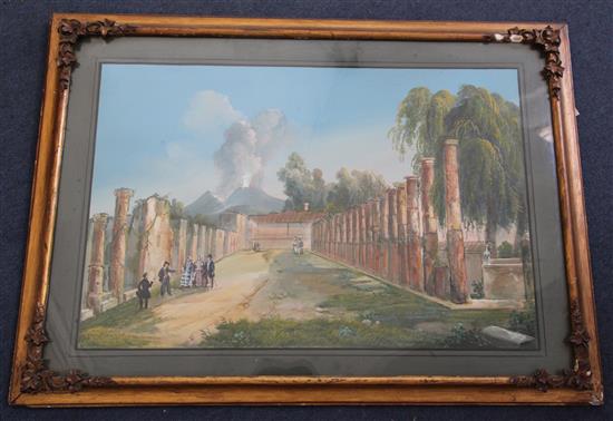 Neapolitan School Doric columns near the theatre, Pompeii, with strolling figures overall 19.5 x 28in.